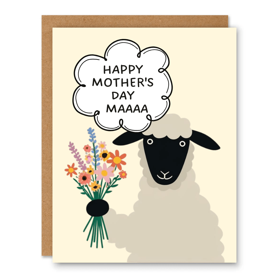 Happy Mother’s Day Maaa Card showing a sheep holding flowers with a Mother’s Day pun with front cover text: Happy Mother’s Day Maaa