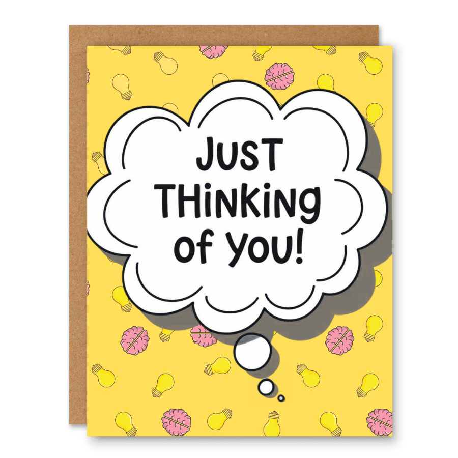 Just Thinking of You Card showing a bold thought bubble on a yellow patterned background with front cover text: Just thinking of you!