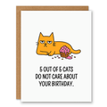 Cats Don’t Care Birthday Card showing a grumpy orange cat beside a spilled cupcake with front cover text: 5 out of 5 cats do not care about your birthday.