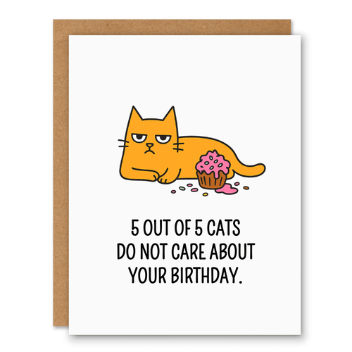 Cats Don’t Care Birthday Card showing a grumpy orange cat beside a spilled cupcake with front cover text: 5 out of 5 cats do not care about your birthday.
