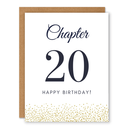 Chapter 20 Birthday Card showing elegant chapter-number typography with gold confetti along the bottom with front cover text: Chapter 20. Happy birthday!