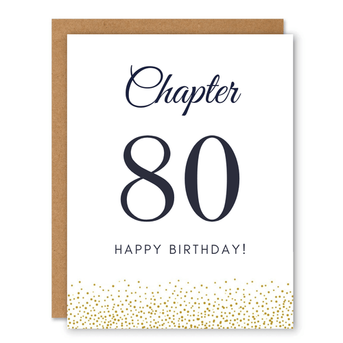 Chapter 80 Birthday Card showing elegant chapter-number typography with gold confetti along the bottom with front cover text: Chapter 80. Happy birthday!