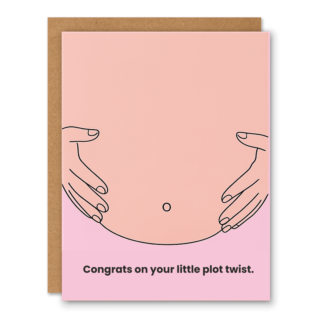 Congrats On Your Little Plot Twist Pregnancy Card showing a simple line drawing of a pregnant belly on a soft pink background with front cover text: Congrats on your little plot twist.