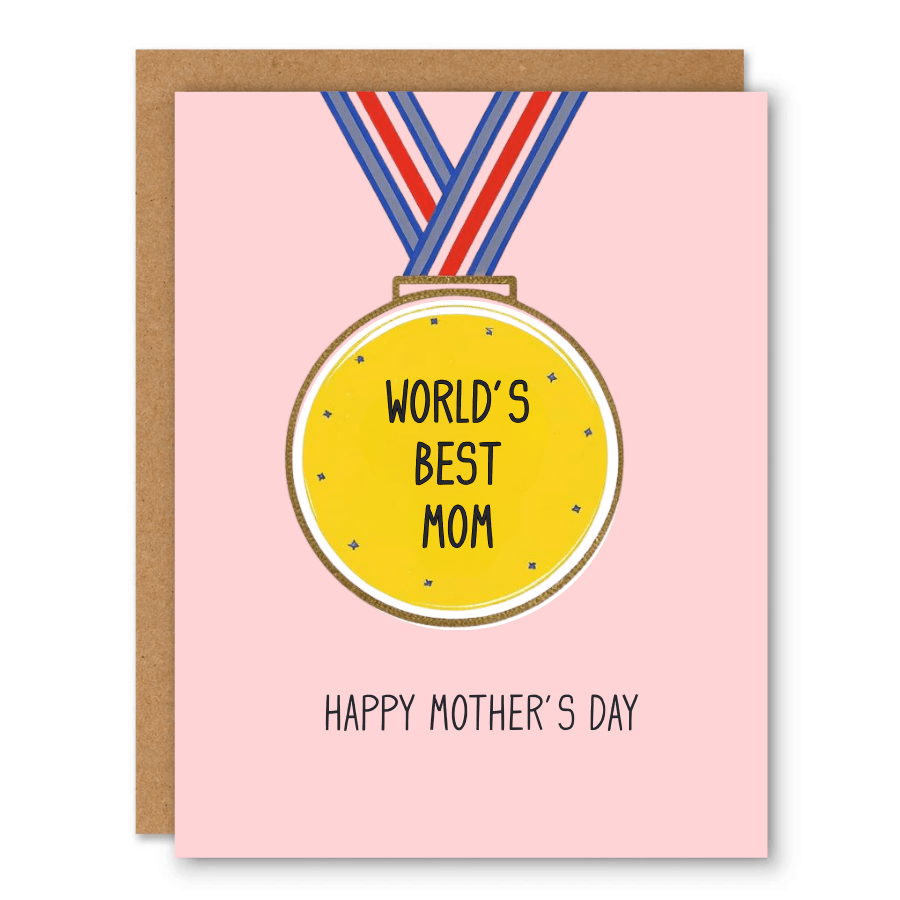 World’s Best Mom Medal Card showing a gold medal on a ribbon with world’s best mom lettering with front cover text: World’s Best Mom. Happy Mother’s Day