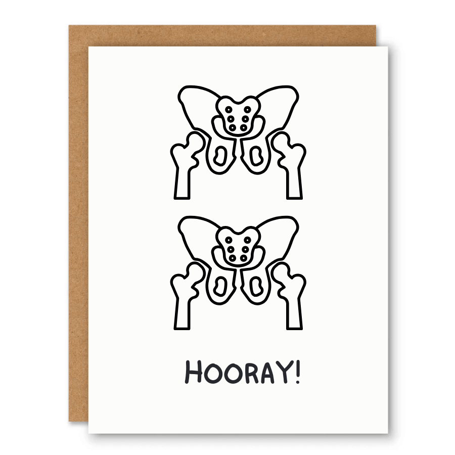 Hip Hip Hooray! Card showing two playful hip-bone illustrations for a hip hip hooray pun with front cover text: Hooray!