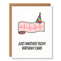 Just Another Tachy Birthday Card showing an ECG strip wearing a tiny party hat with front cover text: Just another tachy birthday card