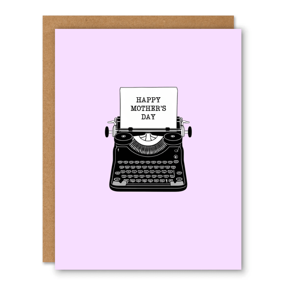Vintage Typewriter Mother’s Day Card showing a vintage black typewriter with a Mother’s Day note on lavender background with front cover text: Happy Mother’s Day