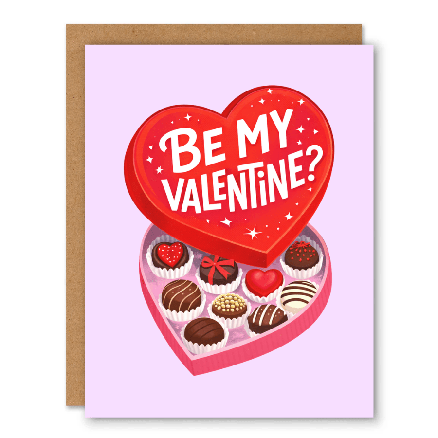 Be My Valentine Chocolate Box Card showing a heart-shaped chocolate box filled with assorted chocolates with front cover text: Be my Valentine?