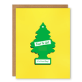 Treat Yo’ Self Birthday Card showing a green tree-shaped air freshener on a bright yellow background with front cover text: Treat Yo’ Self. It’s Your Day!
