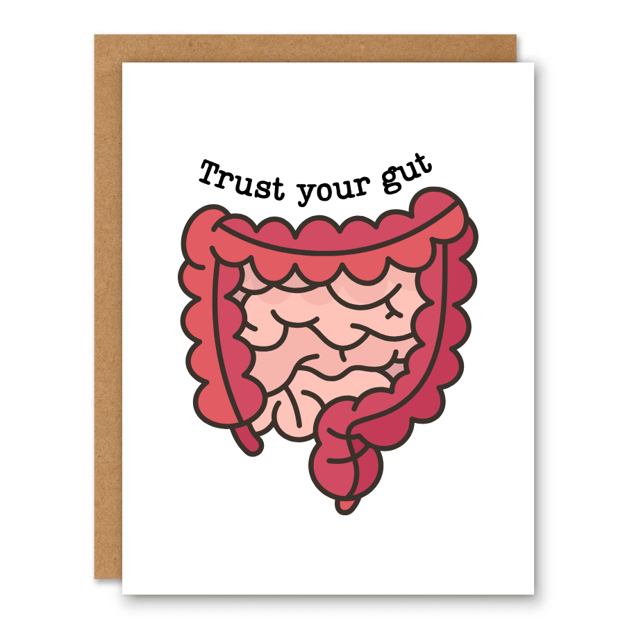 Trust Your Gut Card showing a cute illustrated intestine with a friendly face with front cover text: Trust your gut