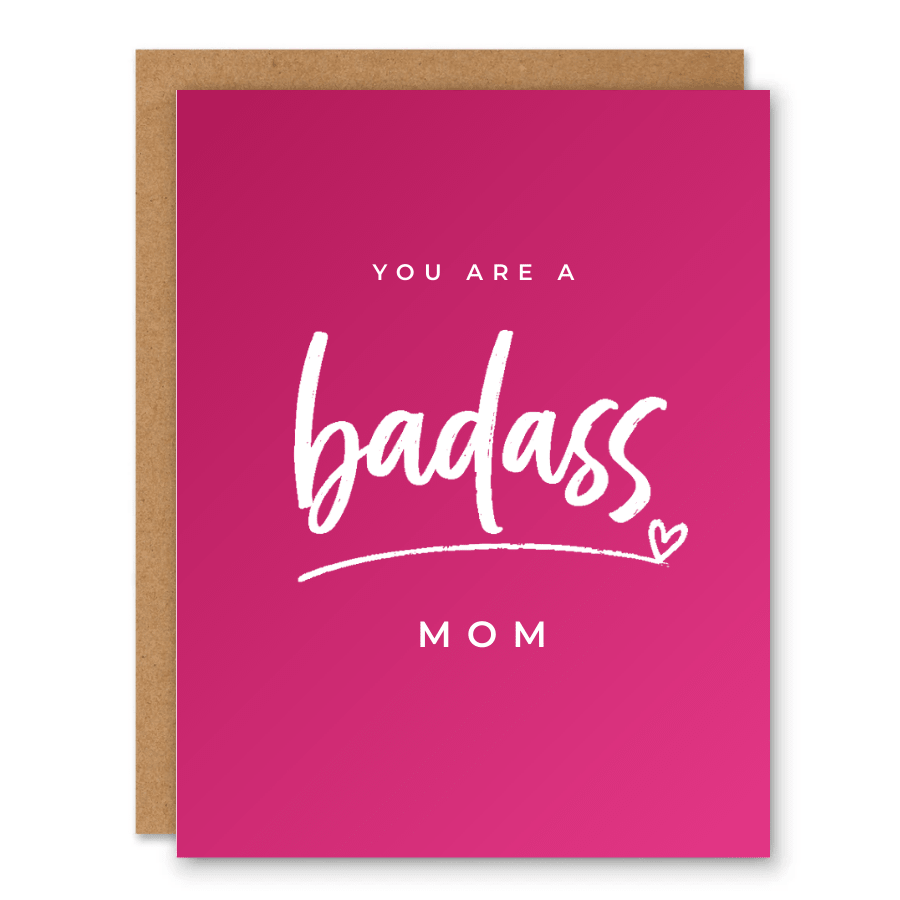 You Are a Badass Mom Card showing bold script typography on a bright pink background with front cover text: You are a badass mom