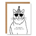 29 Again Cat Birthday Card showing a black-and-white cat wearing sunglasses and a party hat with front cover text: 29 again? If you say so.