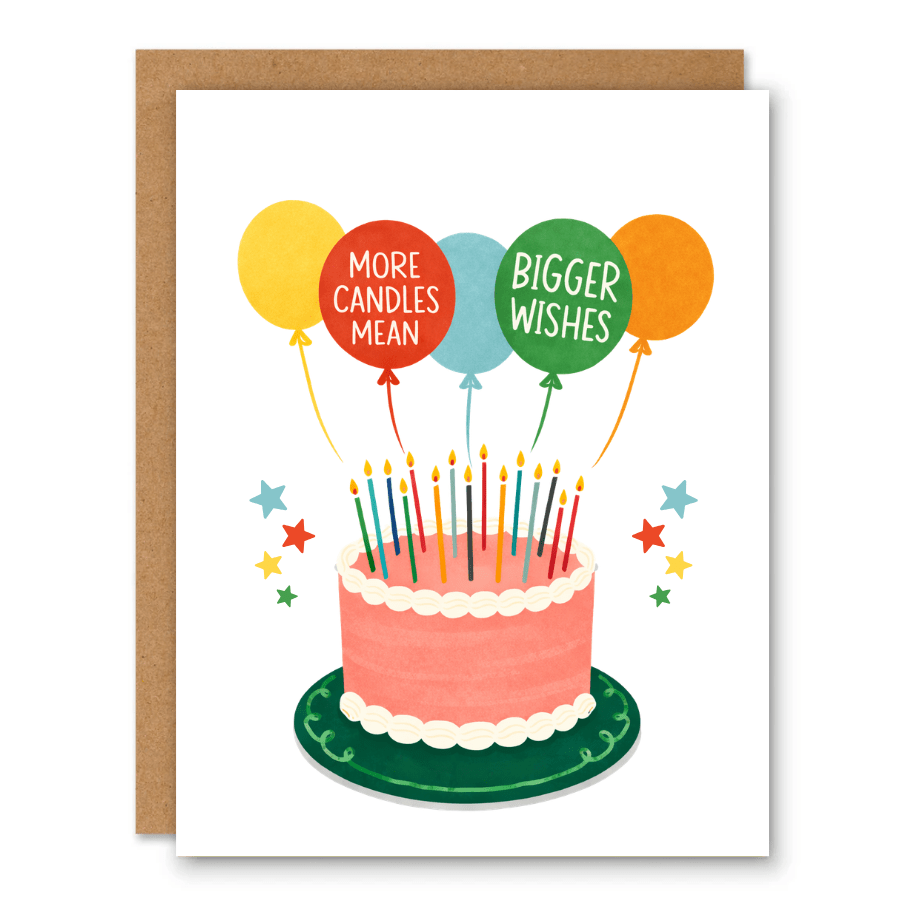 More Candles, Bigger Wishes Birthday Card showing a birthday cake with candles and colourful balloons with front cover text: More candles mean bigger wishes