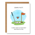 Best Birthday by Par Birthday Card showing a golf club, ball, flag, and heart on a blue-and-green course illustration with front cover text: Simply putt. I hope today is your best birthday by par.