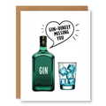 Gin-uinely Missing You Card showing a green gin bottle, glass, ice, and missing-you heart bubble with front cover text: Gin-uinely missing you