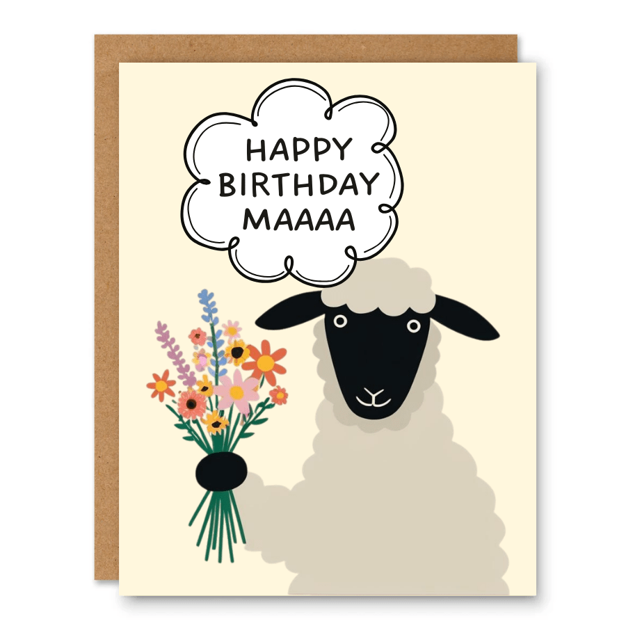 Happy Birthday Maaa Card showing a sheep holding a bouquet with a birthday speech bubble with front cover text: Happy Birthday Maaaa