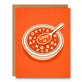 Alphabet Soup Love You Card showing a bowl of alphabet soup spelling Love U with a spoon on an orange background with front cover text: Love U