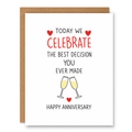 Best Decision Anniversary Card showing two champagne glasses with red hearts with front cover text: Today we celebrate the best decision you ever made. Happy anniversary