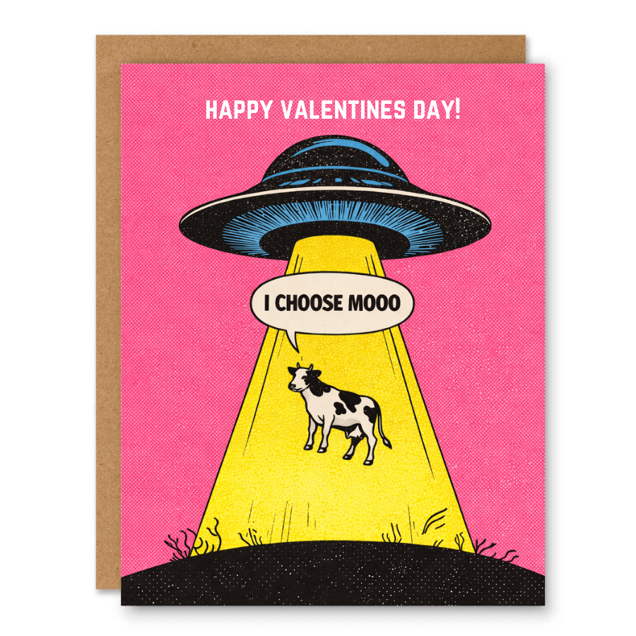I Choose Moo UFO Greeting Card showing a UFO beaming up a cow on a bright pink Valentine background with front cover text: Happy Valentines Day! I choose moo