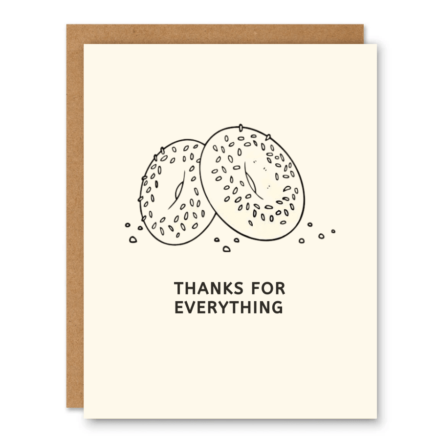 Thanks for Everything (Bagels) Card showing two everything bagels with scattered seasoning with front cover text: Thanks for everything