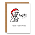 Sneeze-ons Greetings Christmas Card showing Santa sneezing with tiny germs or snow-like dots with front cover text: Sneeze-ons greetings