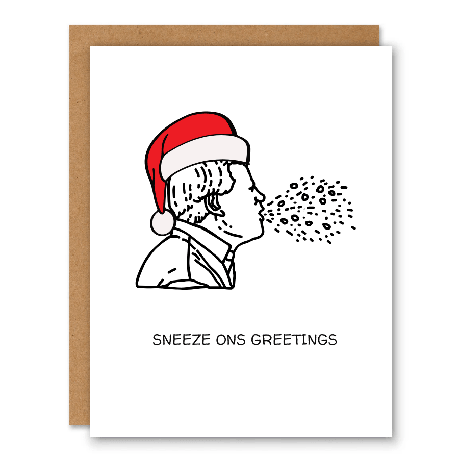 Sneeze-ons Greetings Christmas Card showing Santa sneezing with tiny germs or snow-like dots with front cover text: Sneeze-ons greetings
