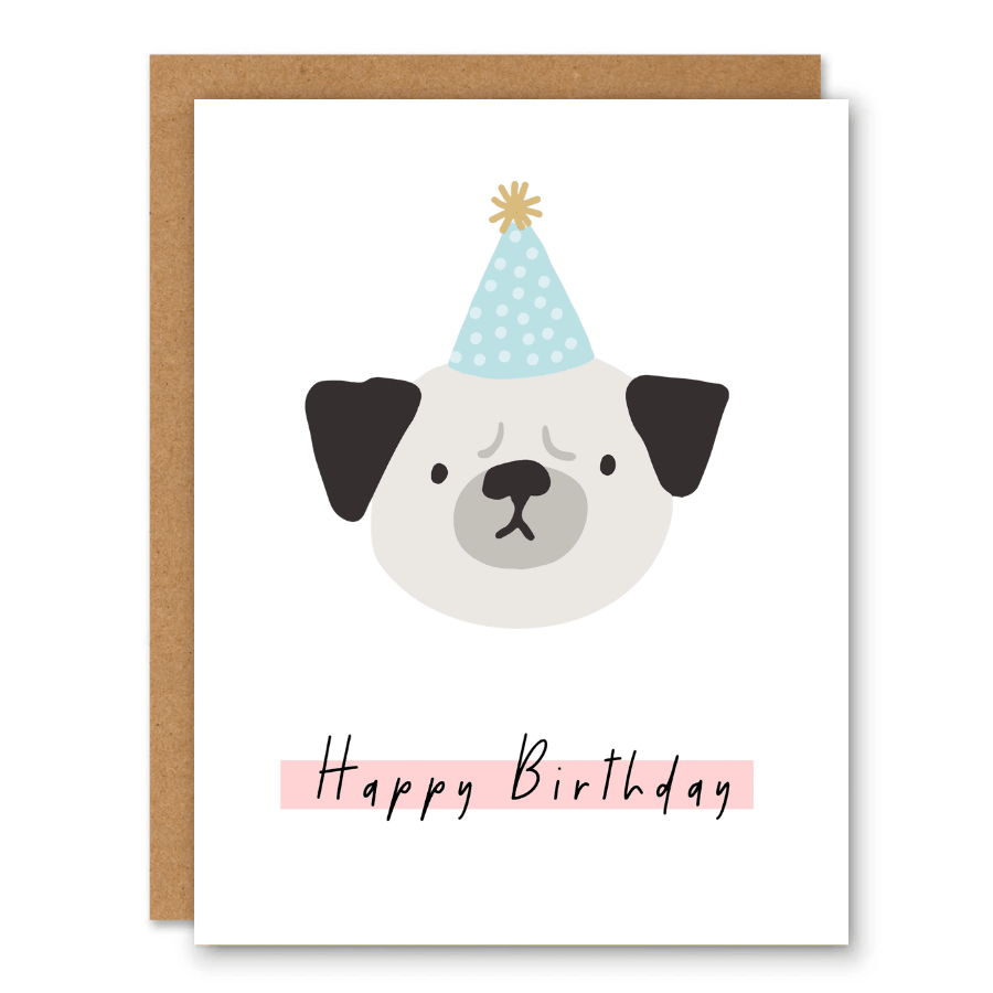 Party Pup Birthday Card showing a puppy face wearing a blue party hat with soft birthday lettering with front cover text: Happy Birthday
