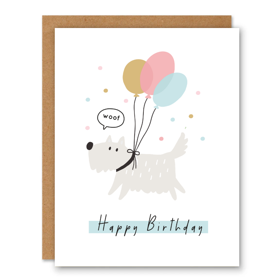 Birthday Woof Birthday Card showing a shaggy dog holding balloons with a tiny woof speech bubble with front cover text: Happy Birthday