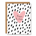 Modern Heart Birthday Card showing a pink heart on a black-and-white modern dash pattern with front cover text: Happy Birthday