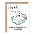 Funny Ghost Birthday Card showing a playful ghost illustration with birthday-card humour with front cover text: Happy boo-thday