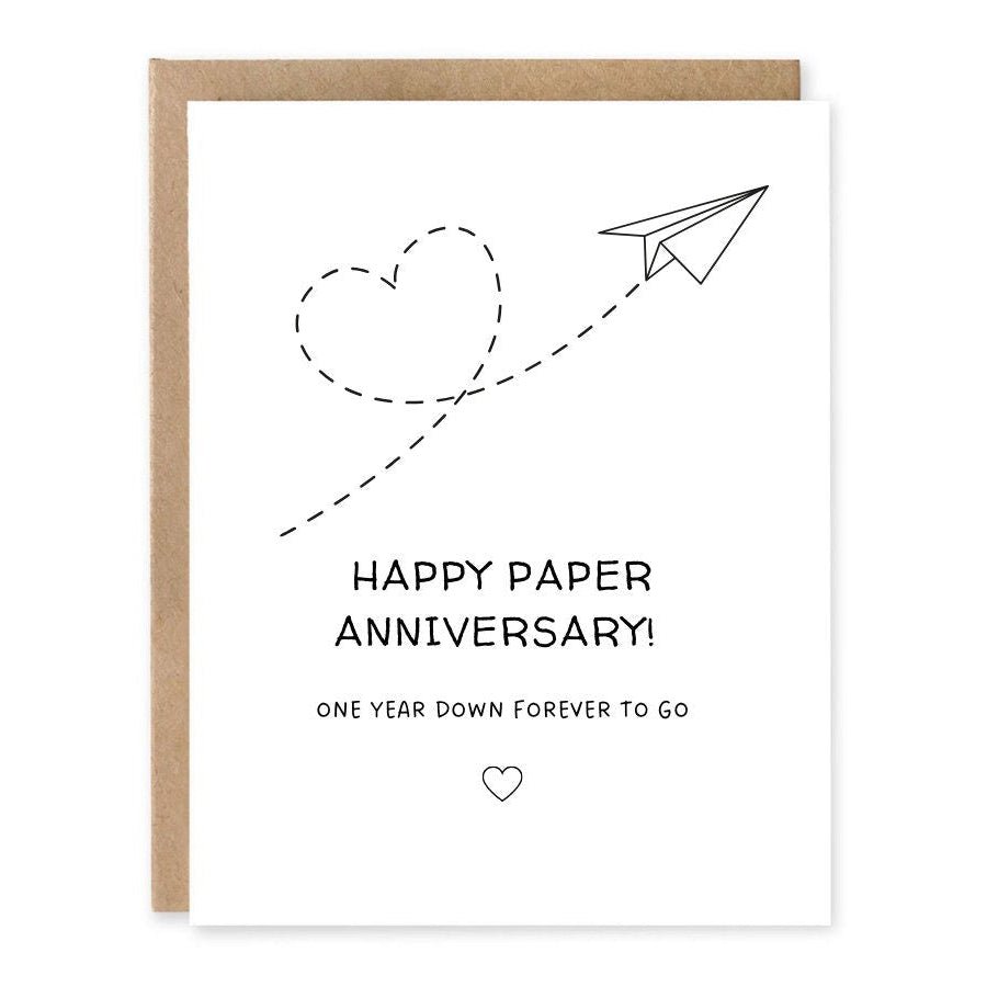Paper Anniversary Card One Year Down showing a paper-themed anniversary illustration for the traditional first anniversary gift with front cover text: One year down