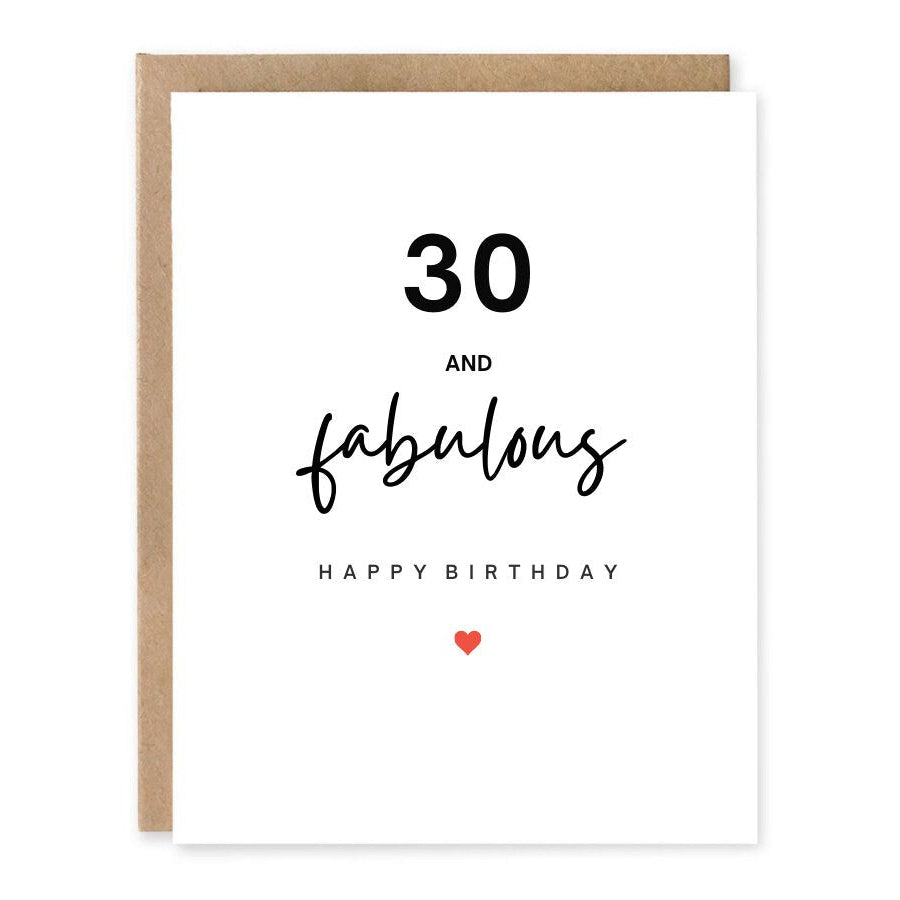 30th Birthday Card Funny Milestone showing minimal black typography with a small red heart with front cover text: 30 and fabulous. Happy birthday