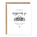 Racing Car Greeting Card for Him showing a small race car illustration with romantic boyfriend wordplay with front cover text: As far as boyfriends go, you’re in pole position