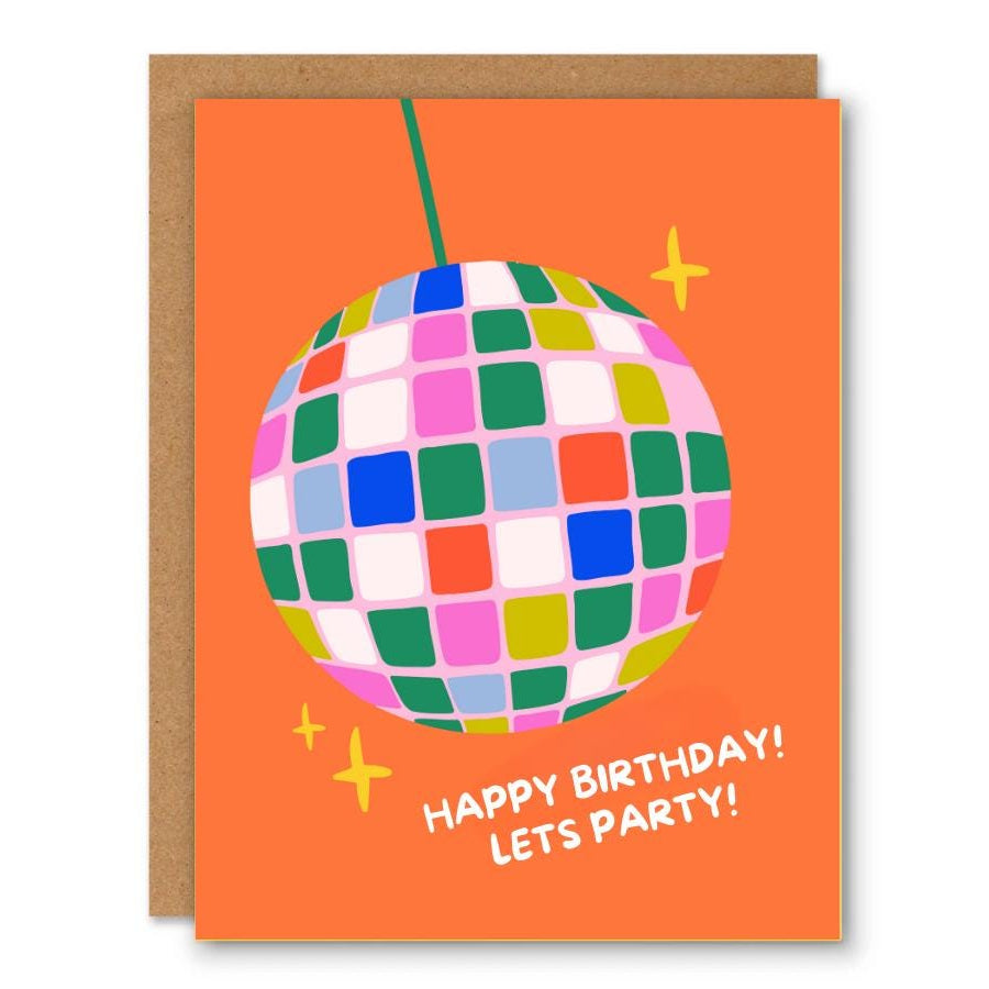 Disco Ball Birthday Card showing a colourful disco ball on an orange party background with front cover text: Happy Birthday! Let’s party!
