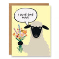 Mother Sheep Pun Greeting Card showing a sheep holding flowers with a Mother’s Day-style pun with front cover text: I love ewe maa!