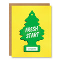 Fresh Start Congrats Card, New Job, New Home, Encouragement showing a green tree-shaped air freshener with a small congratulations label with front cover text: Fresh Start. Congrats!
