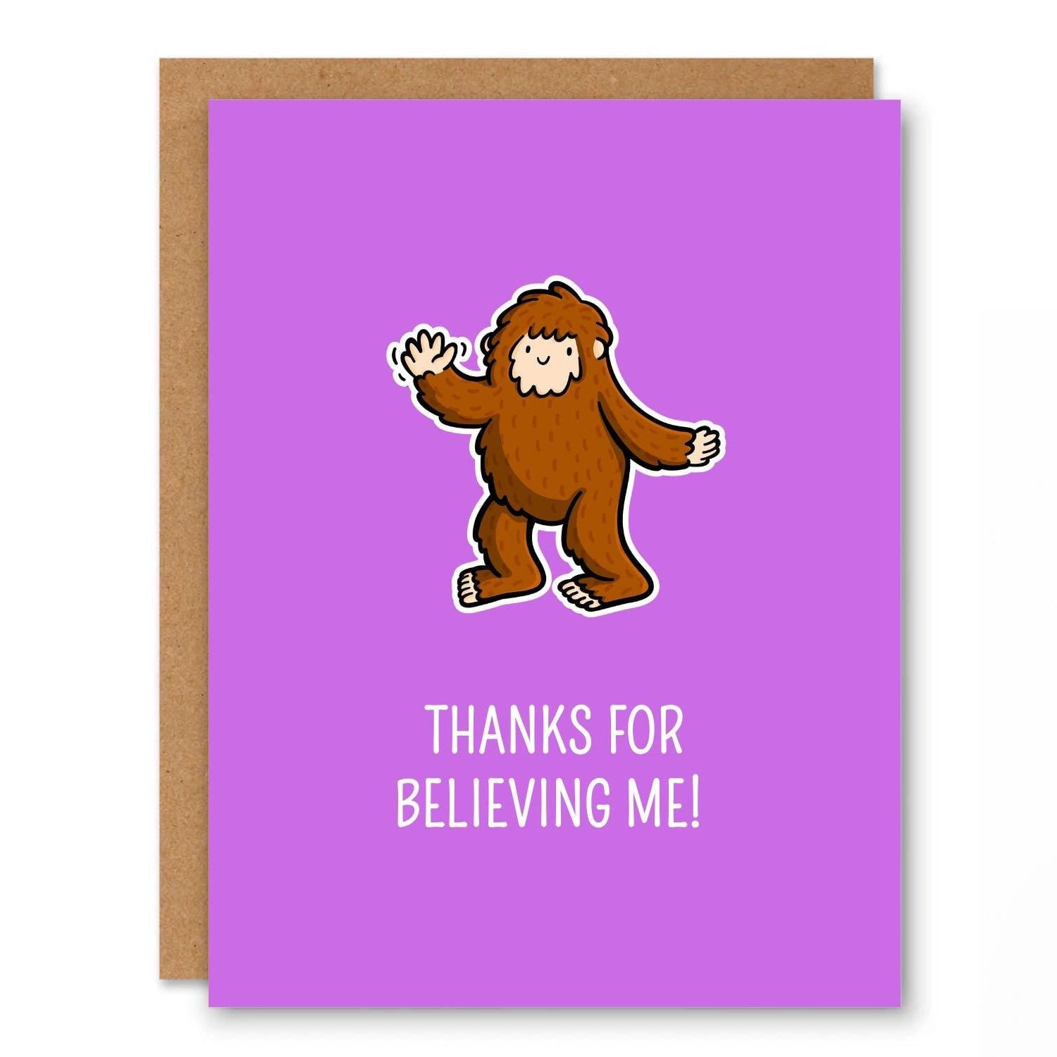 Bigfoot Thank You Card showing a cute Bigfoot illustration on a purple background with front cover text: Thanks for believing me!