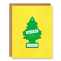 Treat Yo' Self Birthday Card | Air Freshener Design showing a green tree-shaped air freshener on a bright yellow background with front cover text: Treat Yo’ Self. It’s Your Day!