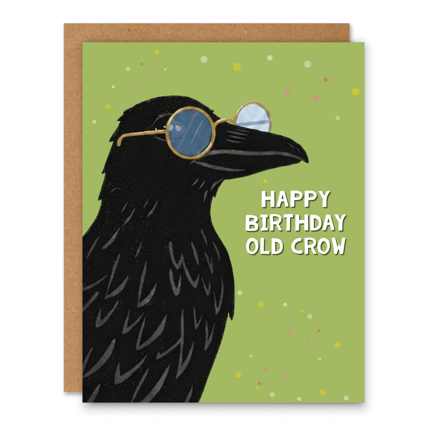 Happy Birthday Old Crow Funny Greeting Card showing a stylish black crow wearing glasses on a green birthday background with front cover text: Happy birthday old crow